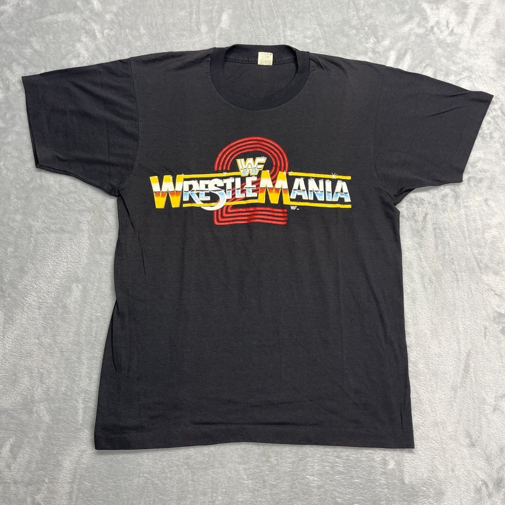 Vtg Screen Stars T-Shirt Mens L Black Short Sleeve 1986 WWF WrestleMania 2 Tee